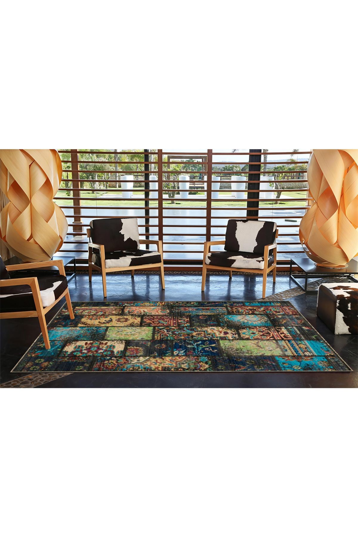 Tablo Görüntülü Düğüm Modern Desenli Dokuma Taban ve Dekoratif Yıkanabilir Halı miravip8617