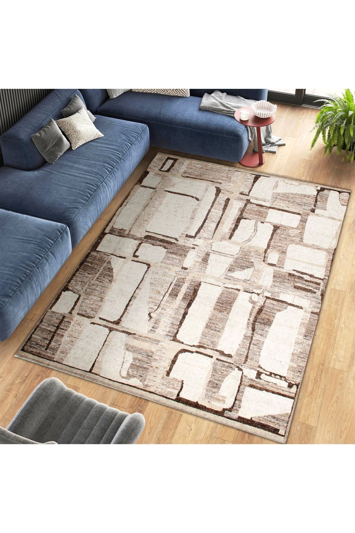 Aysu Koleksiyonu Bej Tonlarda Soyut Desenli Dokuma Taban Modern Dekoratif Halı aysu03