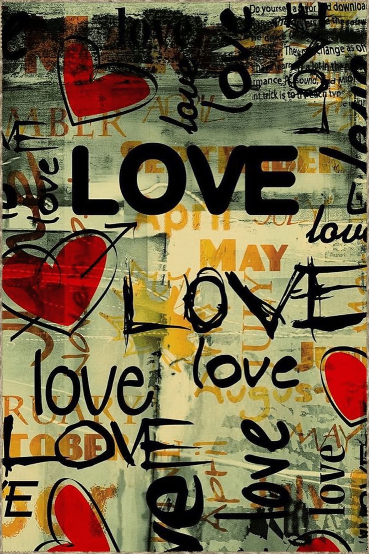 Çok Renkli Retro Tasarım Karma Yazılar Love ve Kalp Desenli Modern Dekoratif Halı 4947