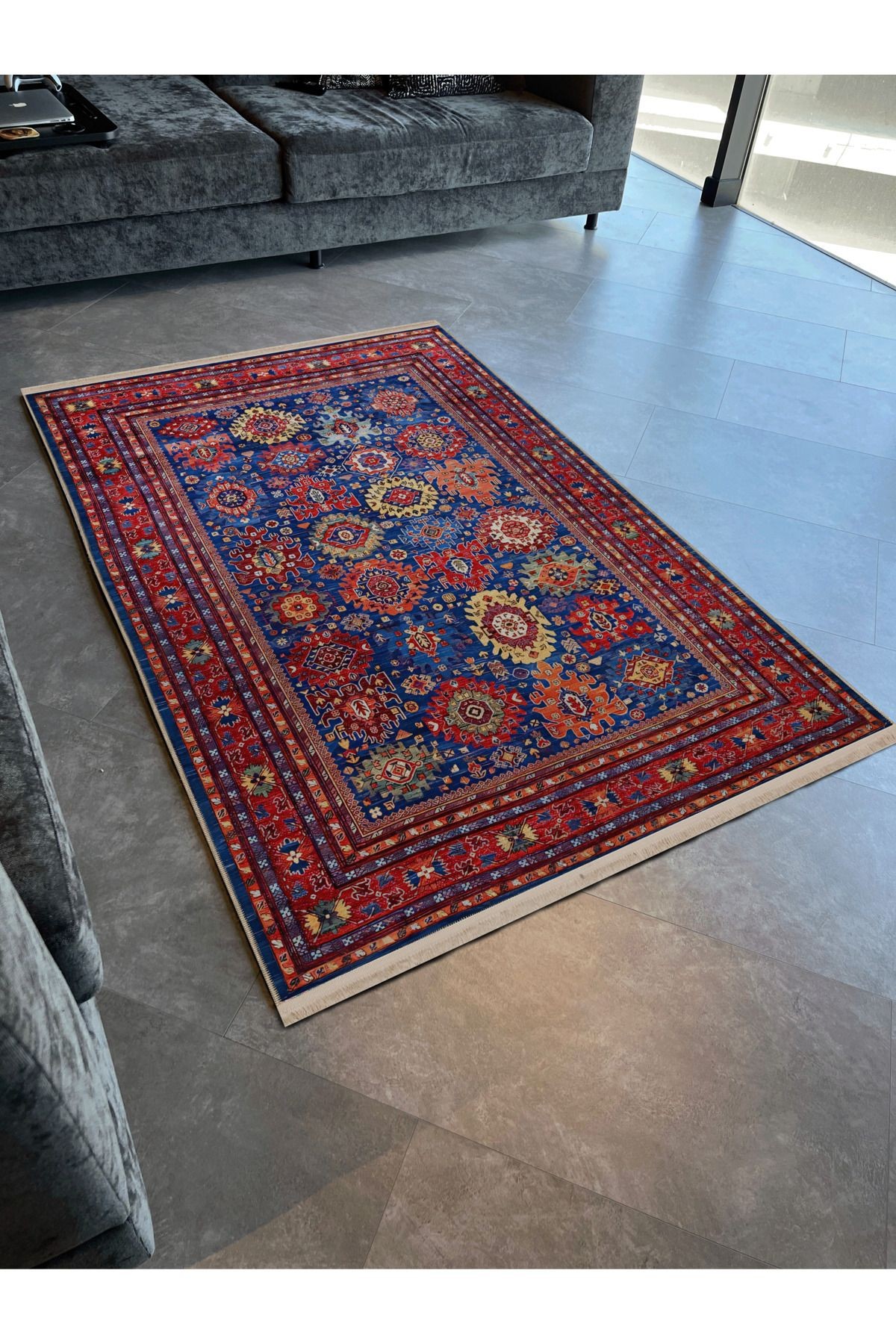 Mavi Bordo Temalı Geleneksel Motif Etnik Desenli Kreatif Vintage Dekoratif Halı 2583