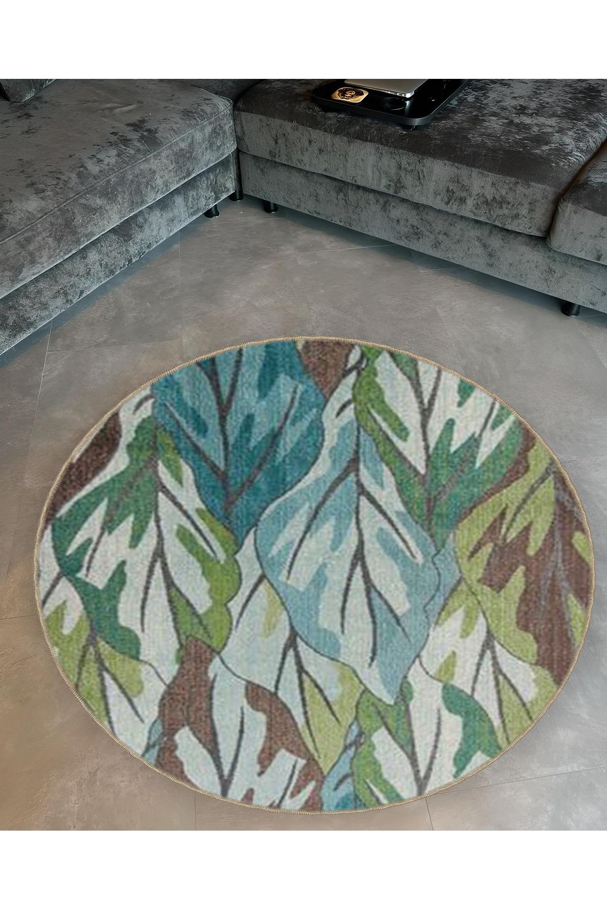 Mira Yuvarlak Yeşil Mavi Yapraklar Dokuma Taban Modern Dekoratif Halı 5572