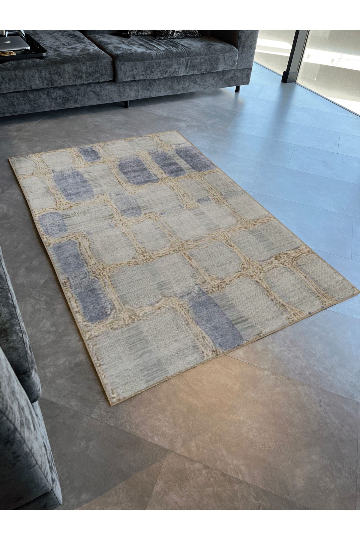 Mavi Bej Temalı Geometrik Desenli Kreatif Modern Dekoratif Halı 3188