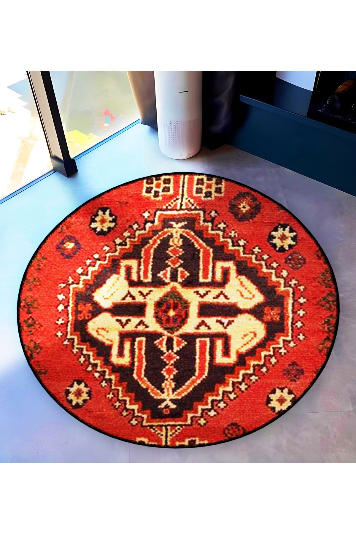 Turuncu Bej Temalı Etnik Motif Geleneksel Desenli Yuvarlak Dokuma Taban Vintage Dekoratif Halı 6219