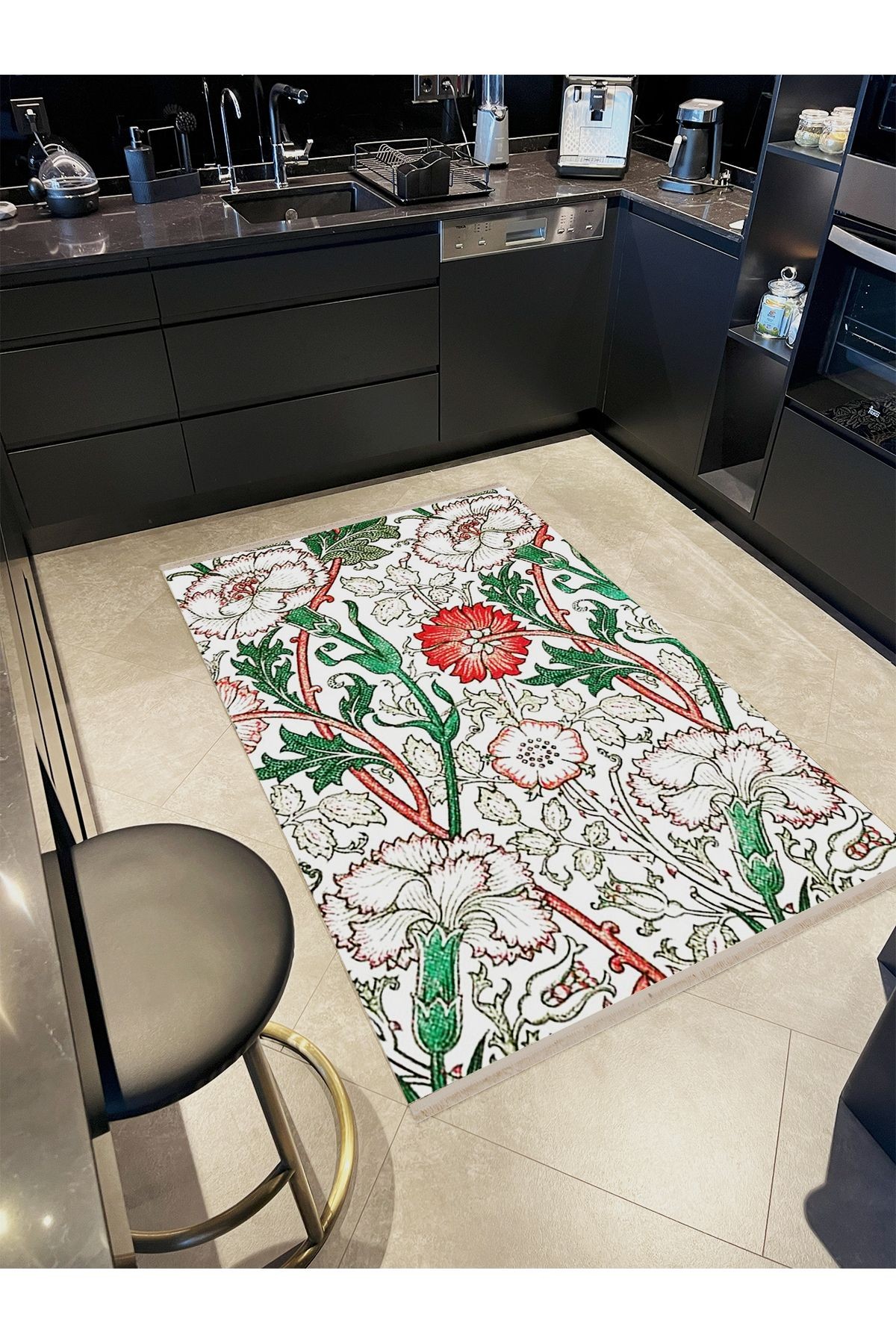 Asena Koleksiyonu Yeşil Bej Temalı Floral Gül Desenli Kreatif Modern Dekoratif Halı 36