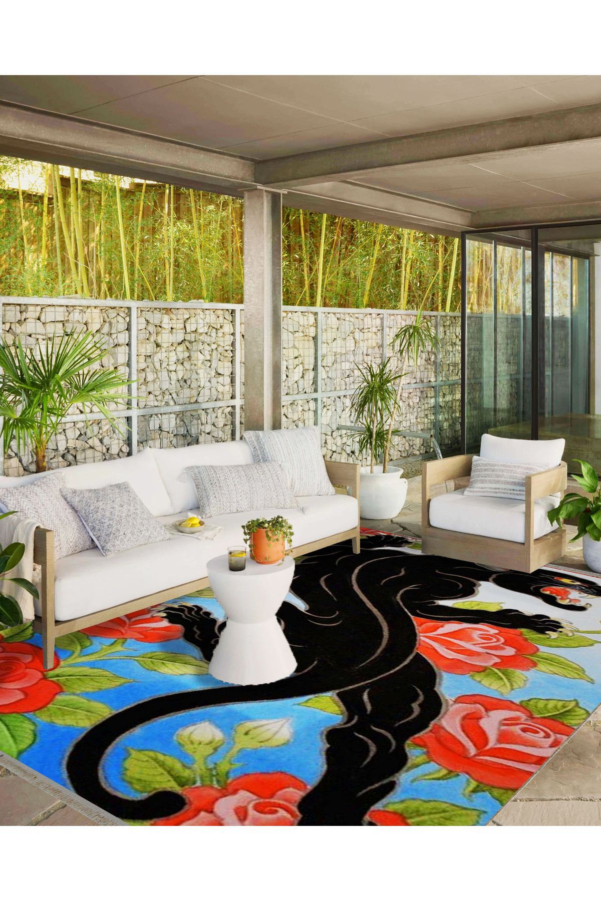 Alya Koleksiyonu Kırmızı Gül Detaylı Siyah Jaguar Desenli Dokuma Taban Dekoratif Halı alya07