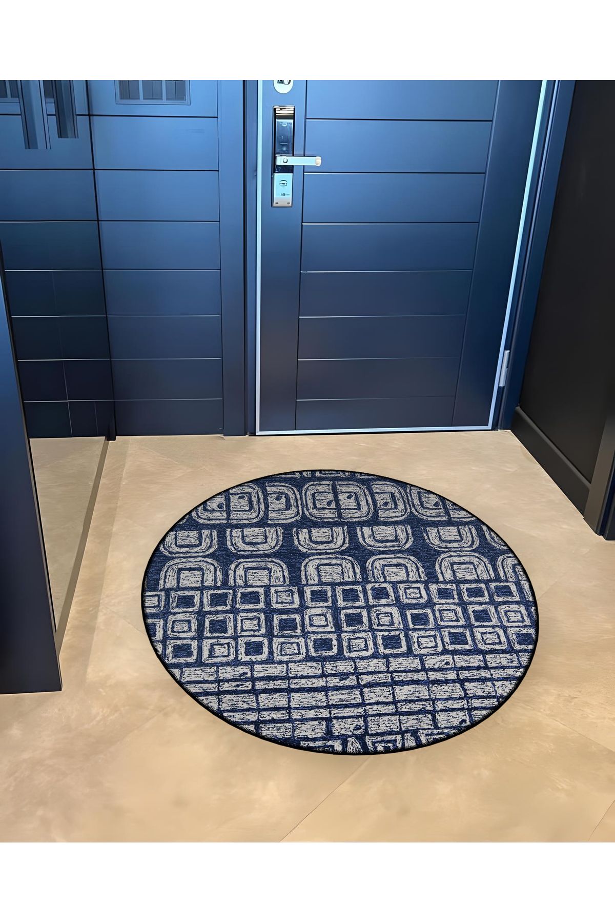 Lacivert Temalı Geometrik Desenli Yuvarlak Dokuma Taban Modern Dekoratif Halı 6130