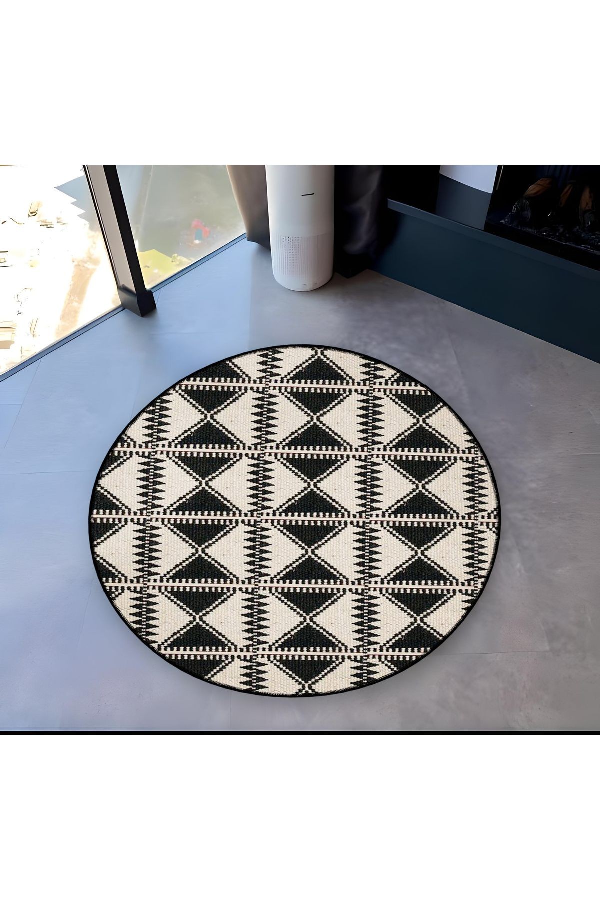 Siyah Bej Temalı Geometrik Desenli Yuvarlak Dokuma Taban Modern Dekoratif Halı 6093