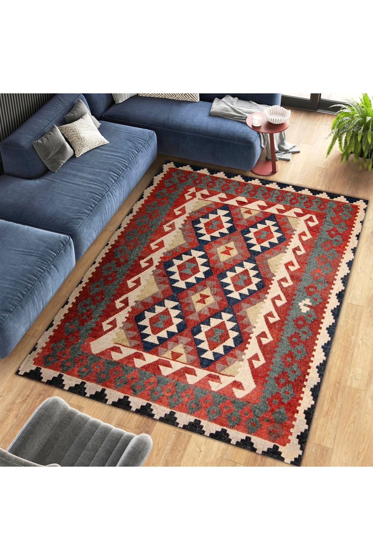 Aysu Koleksiyonu Yeşil Turuncu Detaylı Etnik Desenli Dokuma Taban Modern Dekoratif Halı aysu18