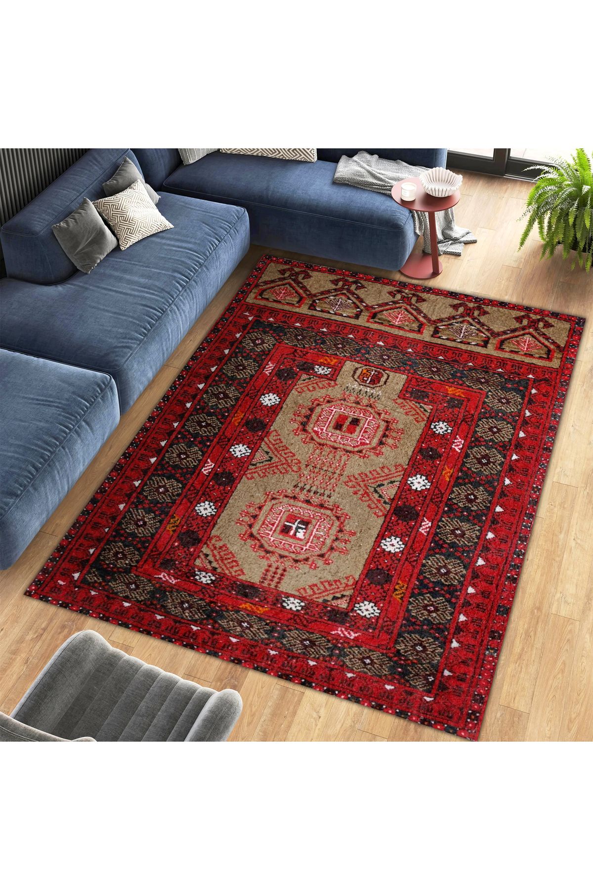 Mete Koleksiyonu Kahve ve Kırmızı Temalı Geleneksel Motifli Etnik Desenli Vintage Dekoratif Halı 26