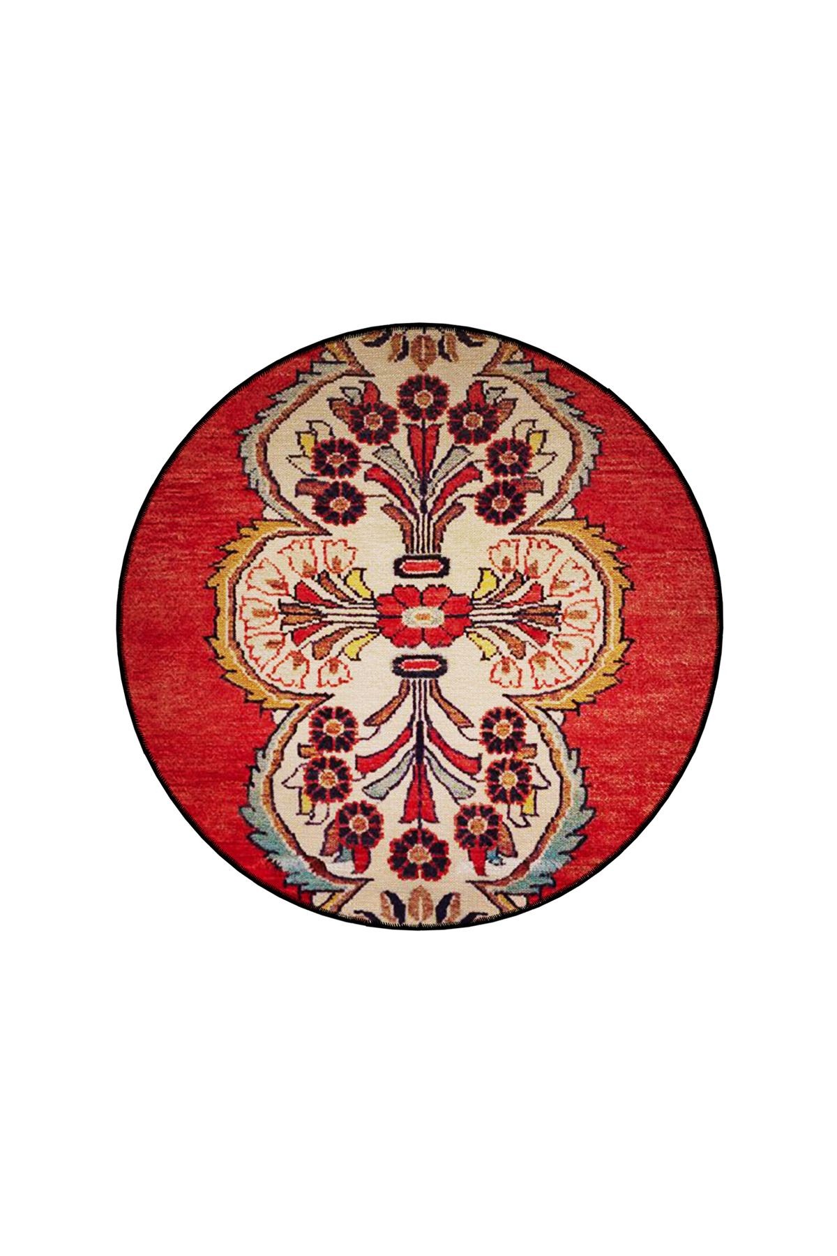 Bej Kırmızı Temalı Motifli Geleneksel Desenli Yuvarlak Dokuma Taban Vintage Dekoratif Halı 6217