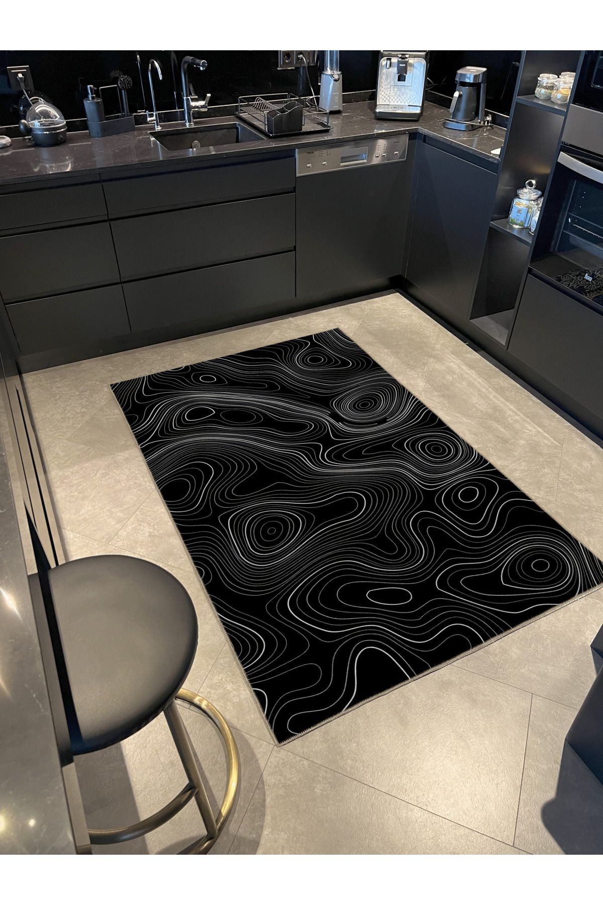 Siyah Temalı Sürrealist Soyut Dalgalı Spiral Desenli Modern Dekoratif Halı 2371