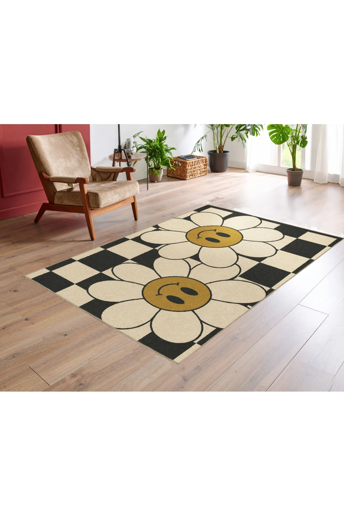 MOSSO Çok Renkli Kareli ve Papatya Figürü Desenli Dokuma Taban Modern Dekoratif Halı mosso336