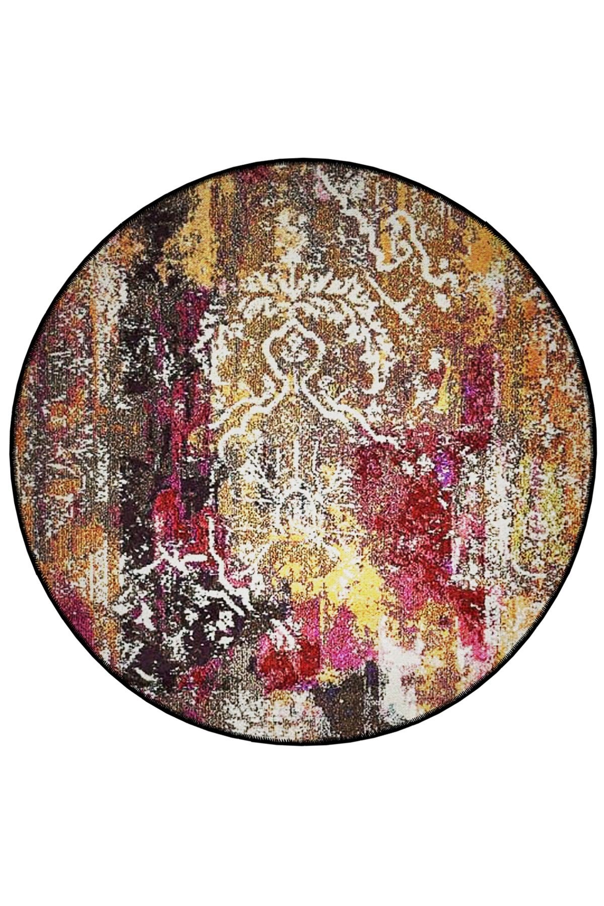 Çok Renkli Geleneksel Motif Desenli Yuvarlak Dokuma Taban Vintage Dekoratif Halı 6180