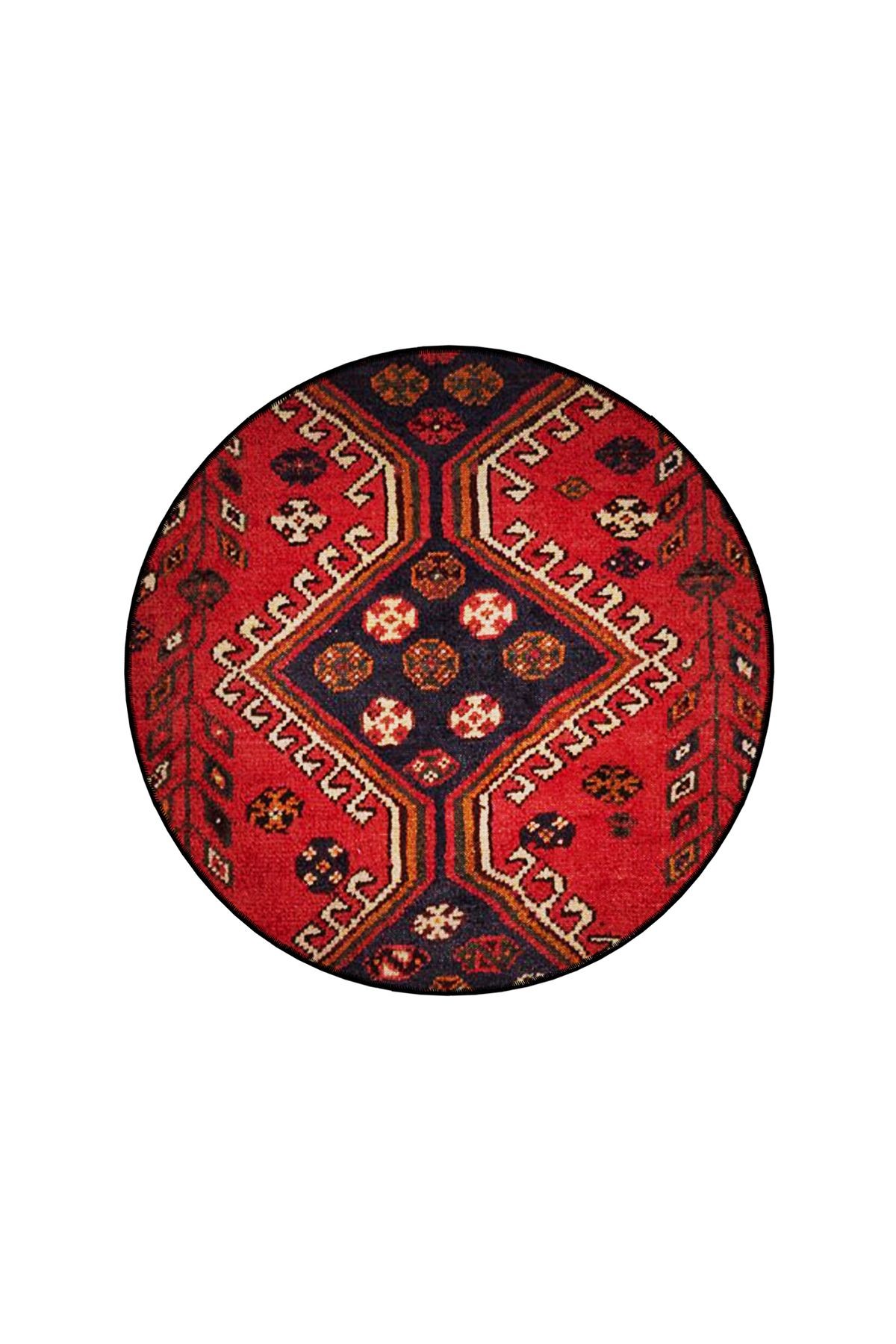 Siyah Kırmızı Temalı Geleneksel Motif Desenli Yuvarlak Dokuma Taban Vintage Dekoratif Halı 6222