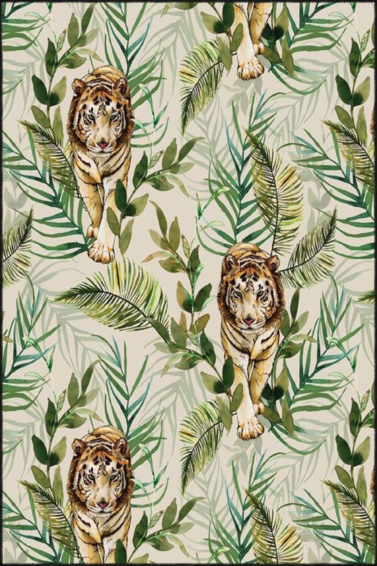 Modern Krem Yapraklı Aslan Dekoratif Halı miravip292