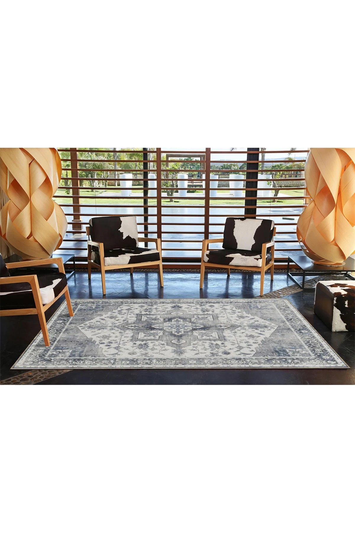 Antrasit Geleneksel Geometrik Desenli Yıkanabilir Dokuma Taban Halı miravip8087