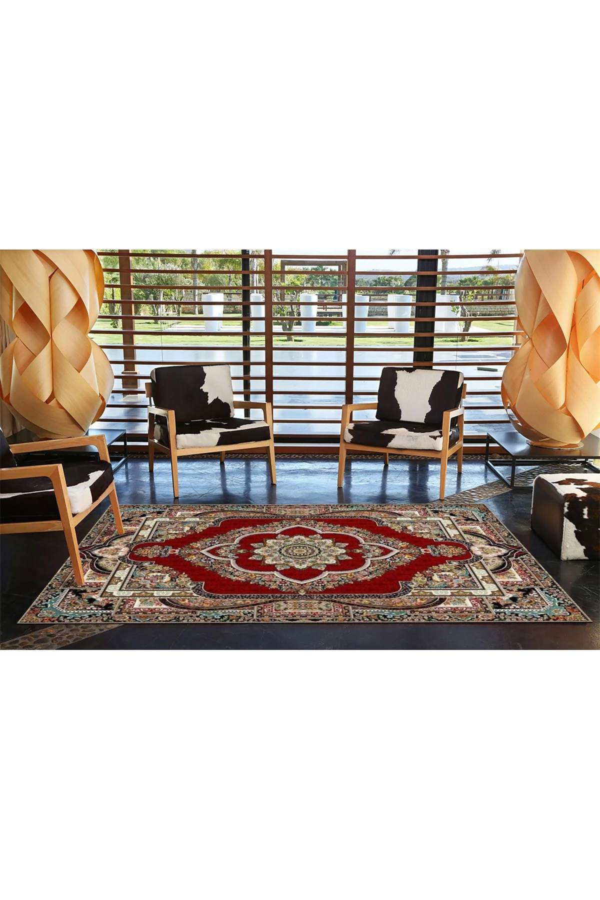 Geometrik Kırmızı Renklede Modern Dokuma Taban ve Dekoratif Halı miravip185