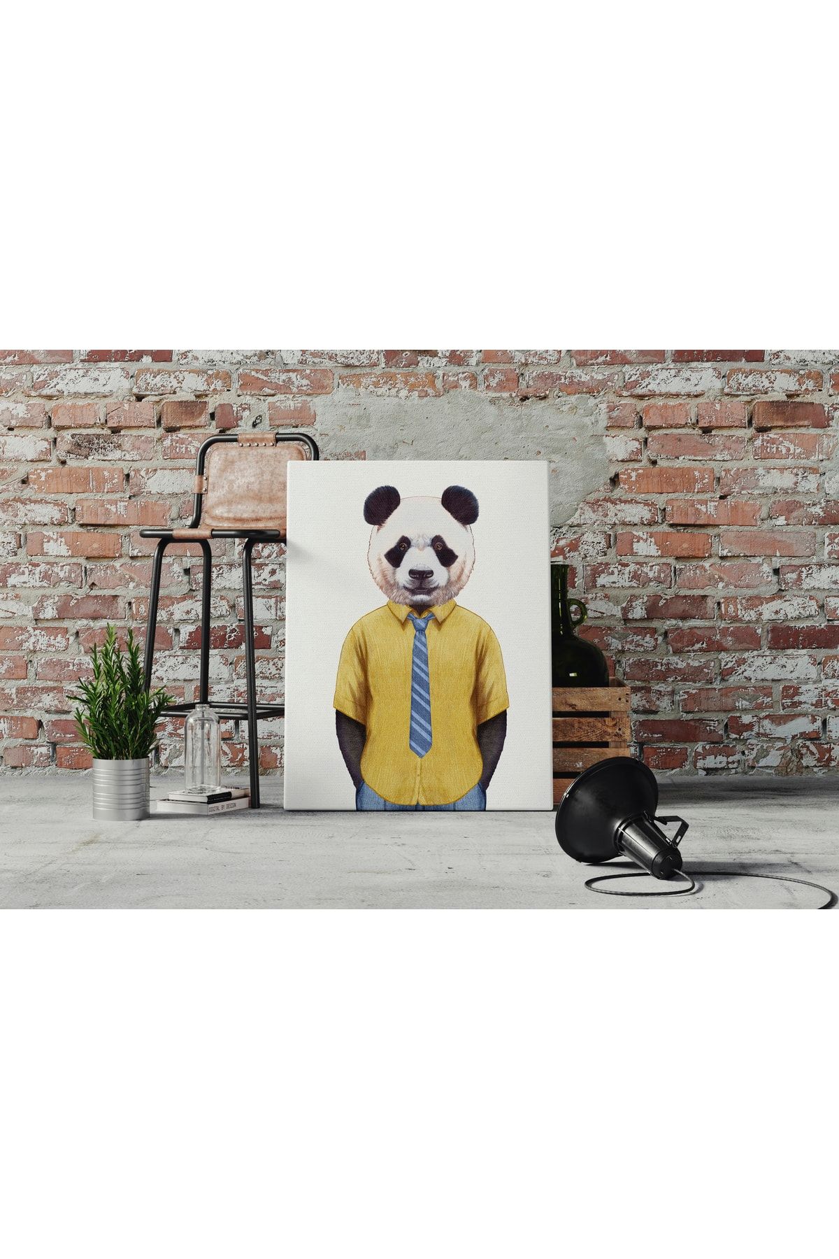 Kanvas Tablo Sarı Gömlek Mavi Kravatlı Panda Hayvan Temalı 162