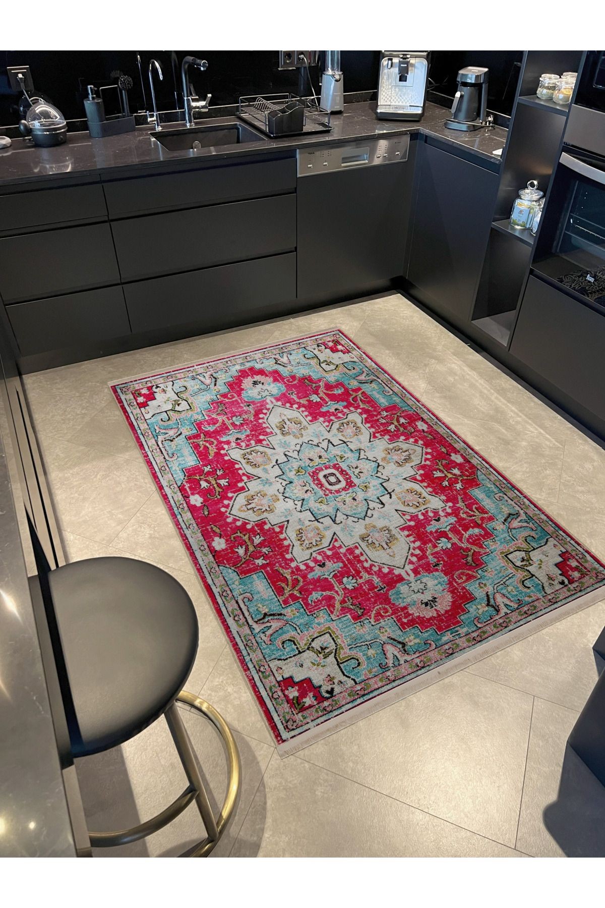 Turkuaz Pembe Temalı Geleneksel Motif Desenli Kreatif Vintage Dekoratif Halı 2930