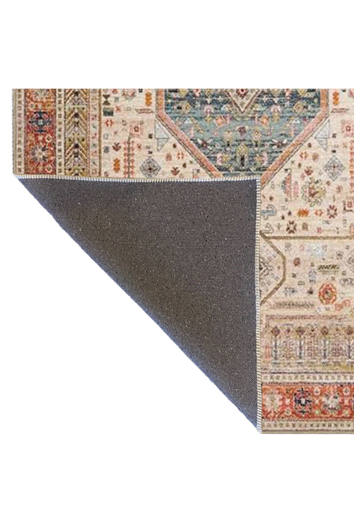 Bej Mavi Temalı Geleneksel Motif Etnik Desenli Vintage Dekoratif Halı 3961