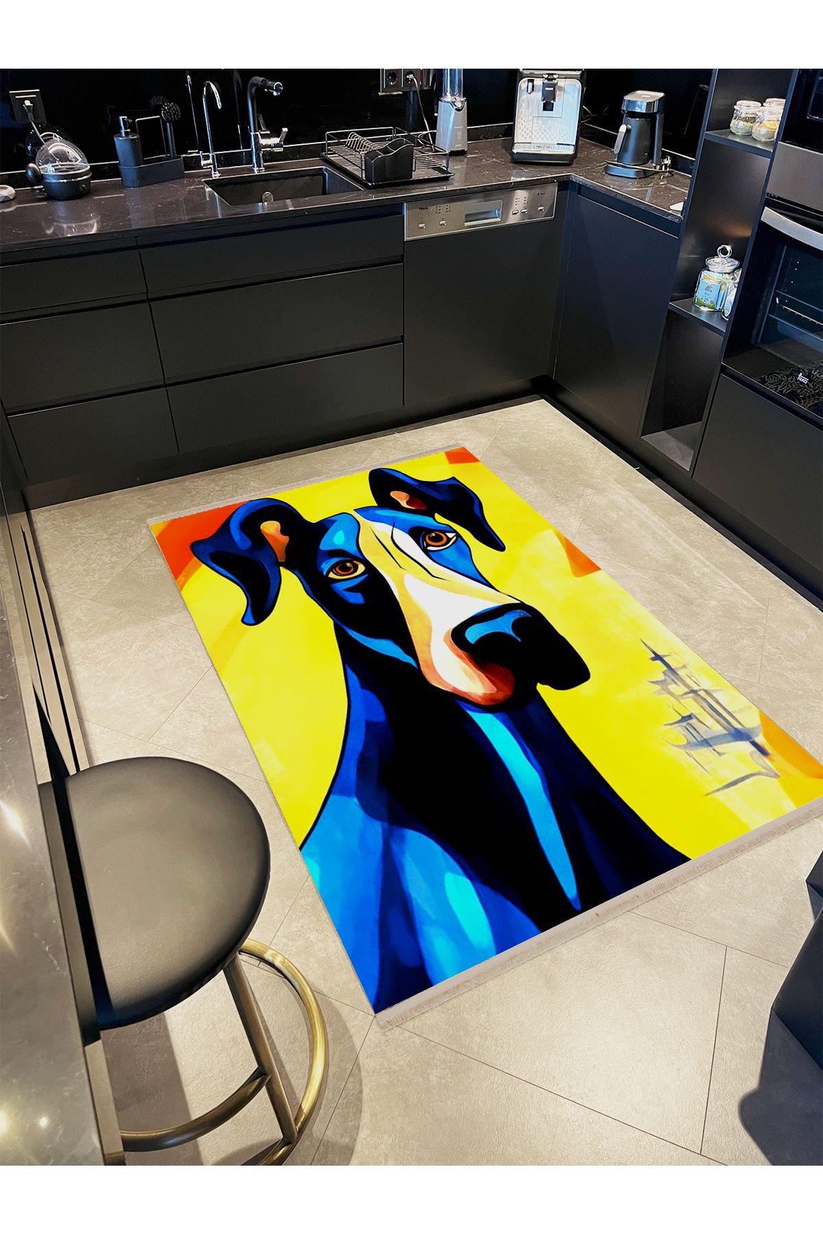 Özge Koleksiyonu Sarı Temalı Çok Renkli Köpek Desenli Dokuma Taban Dekoratif Halı özge26