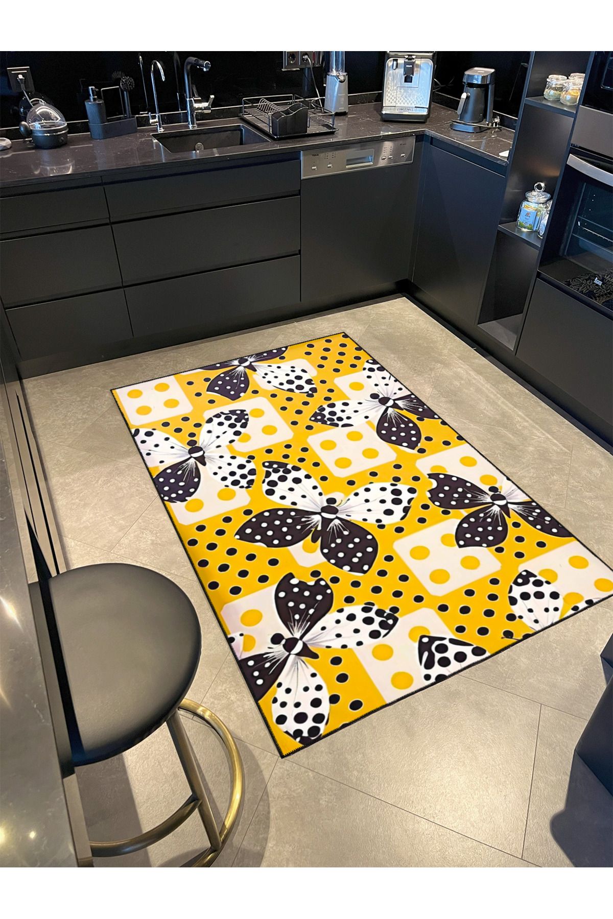 Paris Koleksiyonu Sarı Temalı Kelebek Desenli Kreatif Modern Dekoratif Halı 107