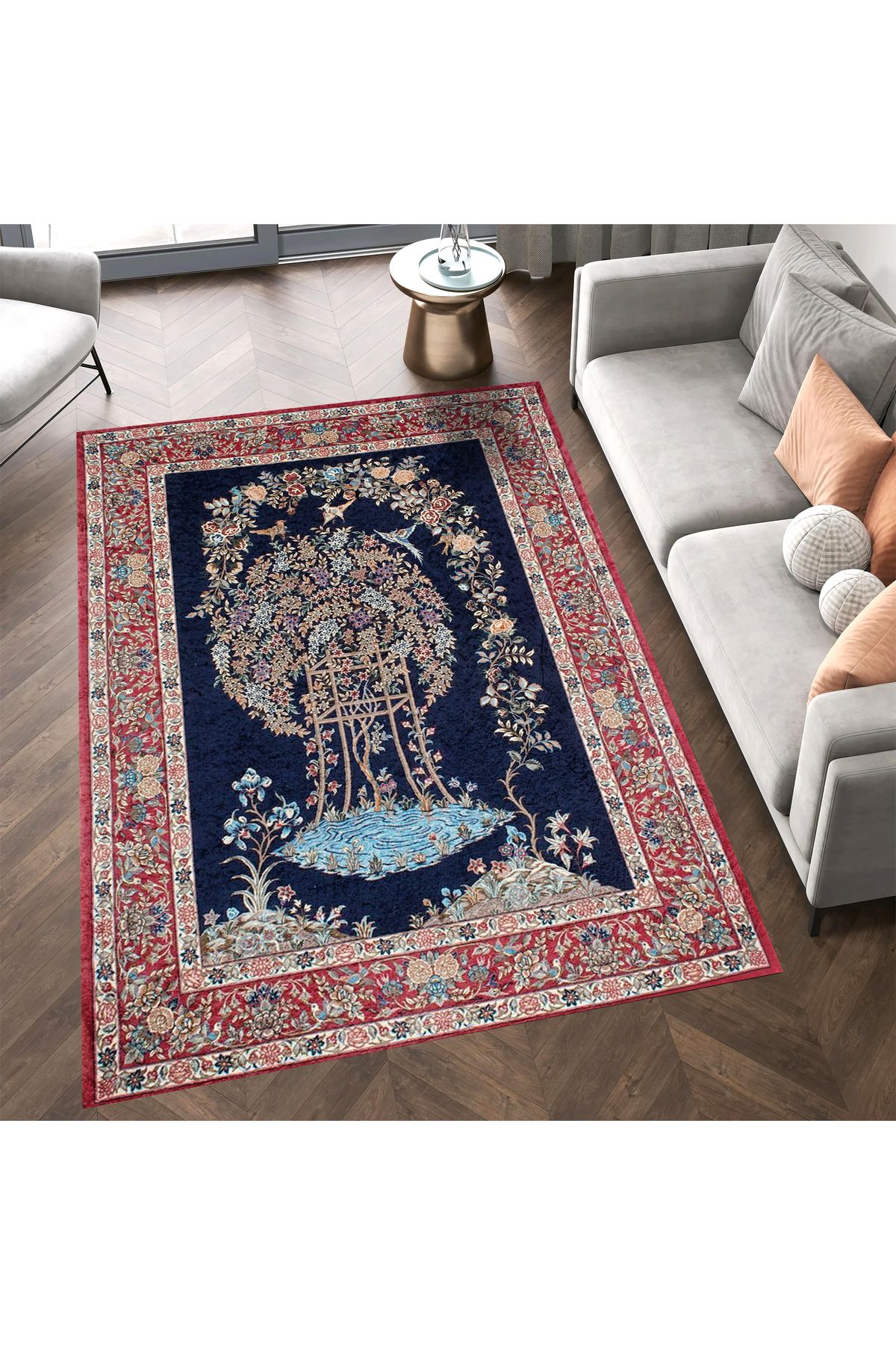 Aysu Koleksiyonu Çiçekli Kırmızı Bordür Detaylı Siyah Desenli Dokuma Taban Dekoratif Halı aysu07