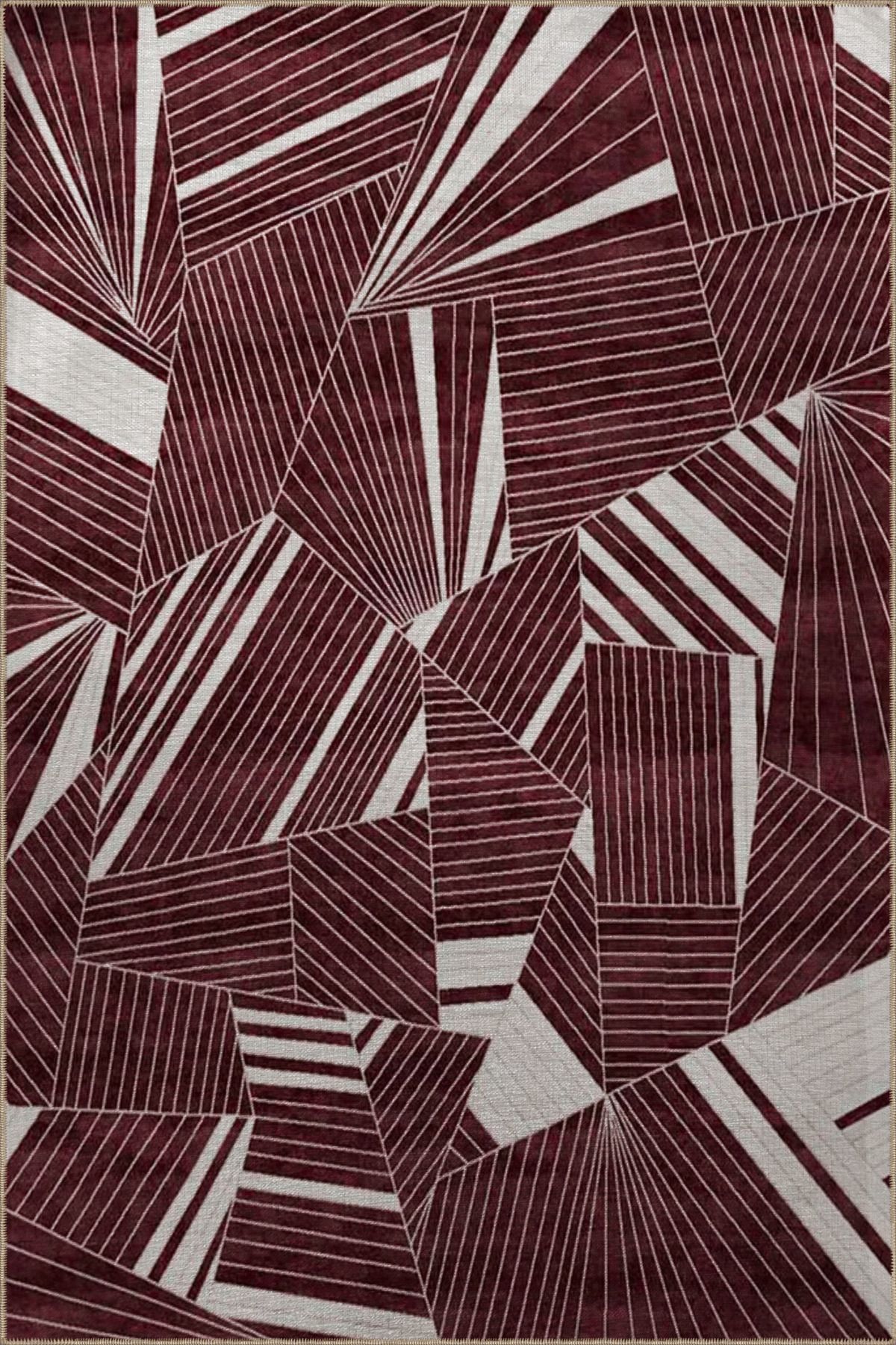 Bordo Temalı Soyut Tasarım Geometrik Desenli Kreatif Modern Dekoratif Halı 2740