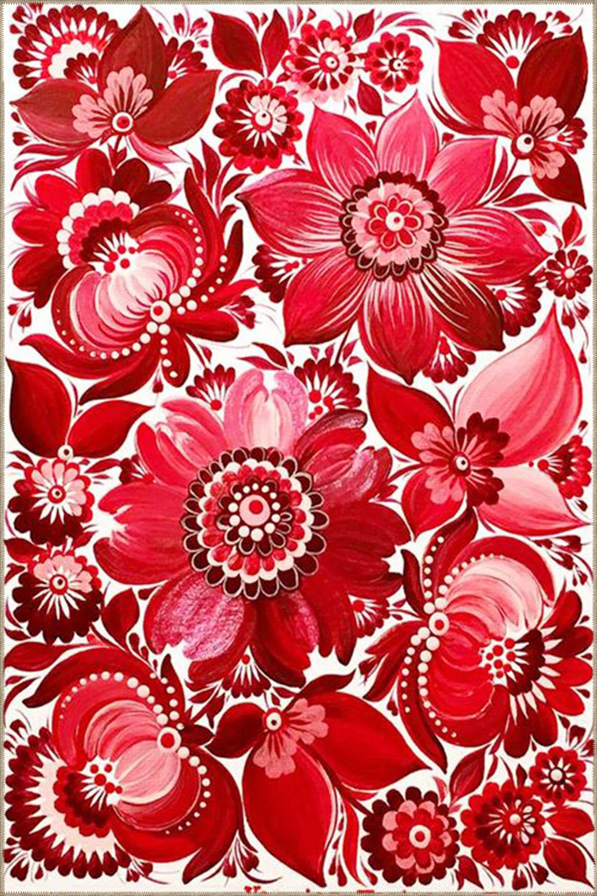 Kırmızı Çiçek Desenli Modern Dekoratif Halı miravip284