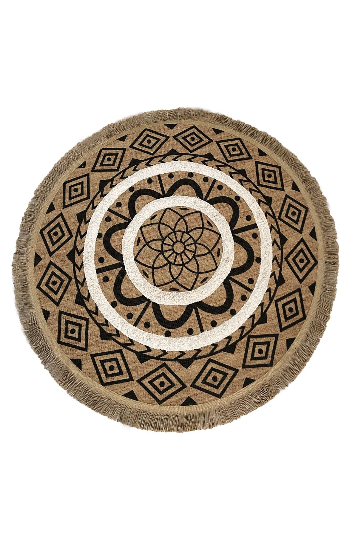 Jüt Marakesh Kilim 5015 Siyah Etnik Baskılı Yuvarlak Püsküllü Jüt Kilim