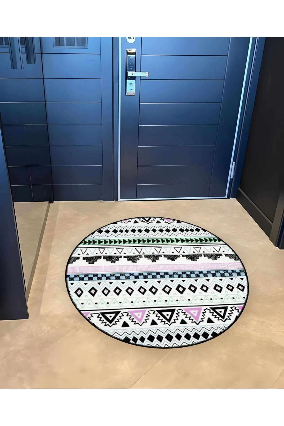 Mira Yuvarlak Çok Renkli Siyah Etnik Detaylı Dokuma Taban Modern Dekoratif Halı 5611