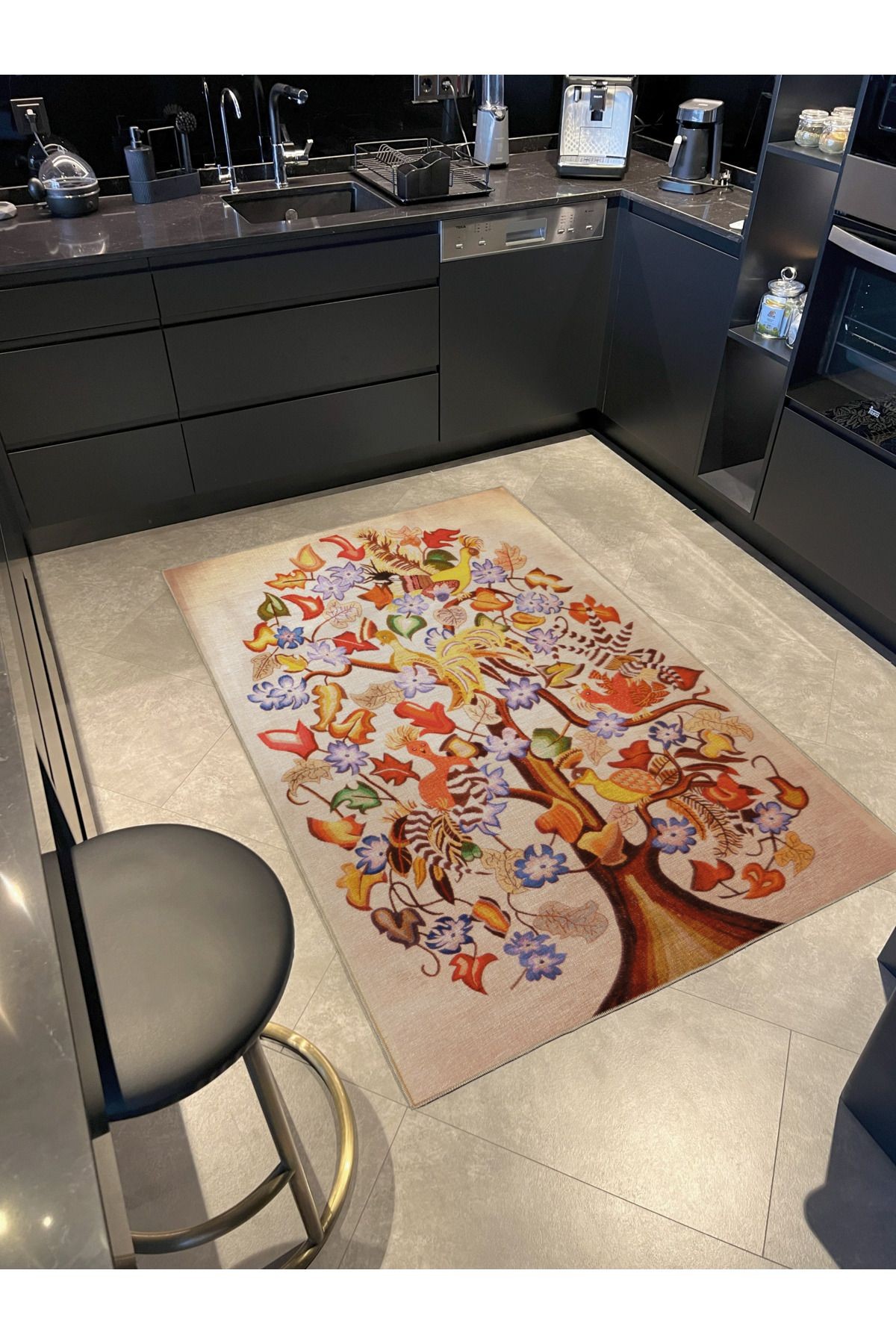 Bej Temalı Soyut Ağaç ve Çiçek Desenli Kreatif Vintage Dekoratif Halı 2886