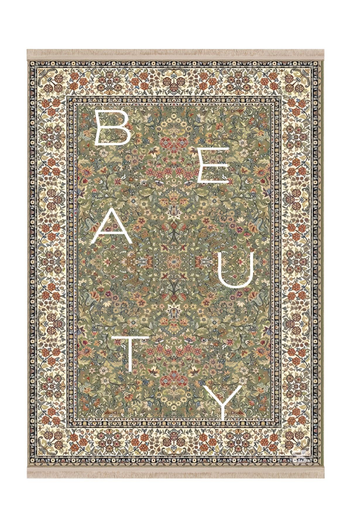 Nilla Koleksiyonu Yeşil Etnik Çiçek Desenli Beauty Yazı Detaylı Dokuma Taban Dekoratif Halı nilla15