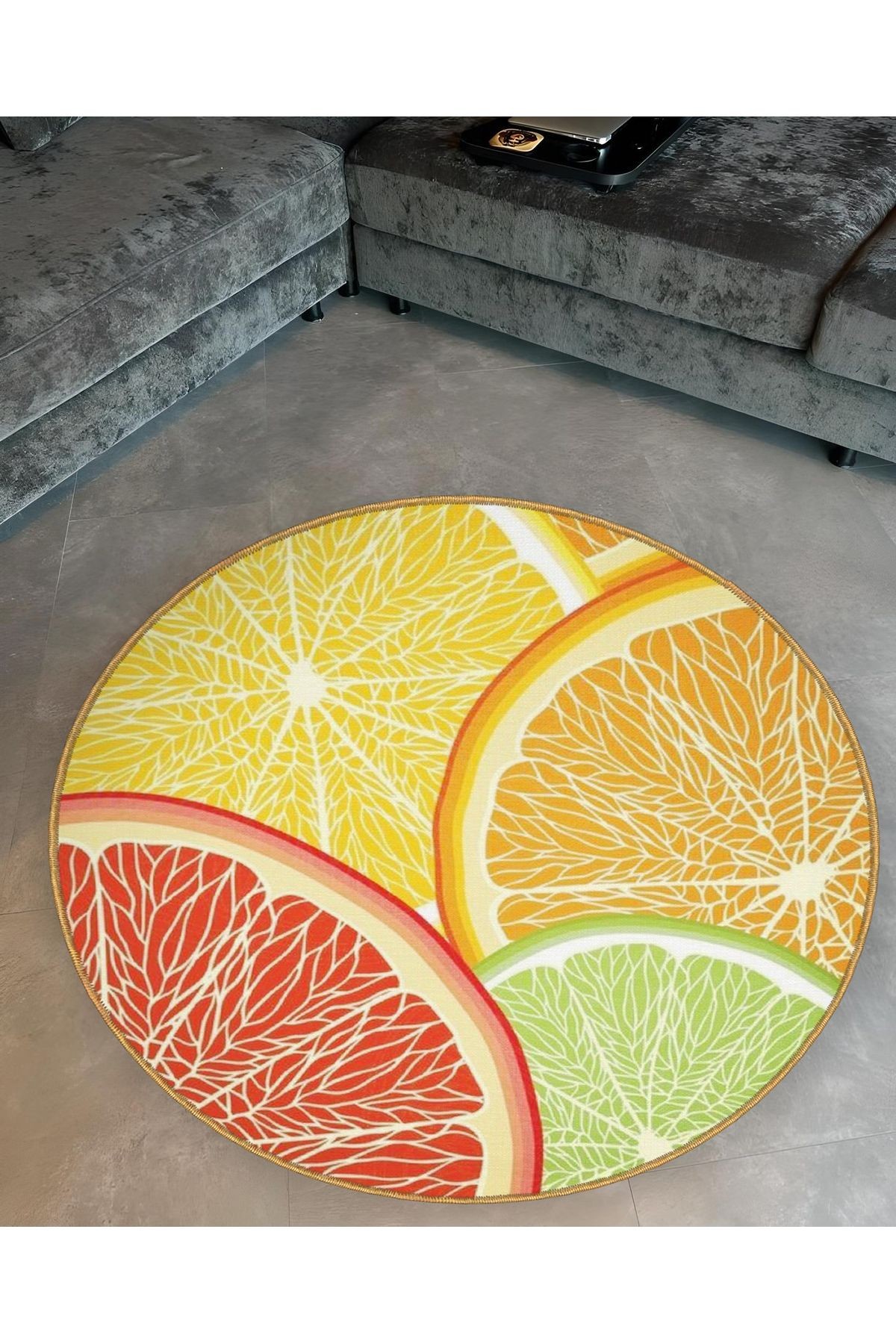 Mira Yuvarlak Sarı Turuncu Yeşil Limon ve Portakal Dilimi Desenli Dokuma Taban Dekoratif Halı 5778