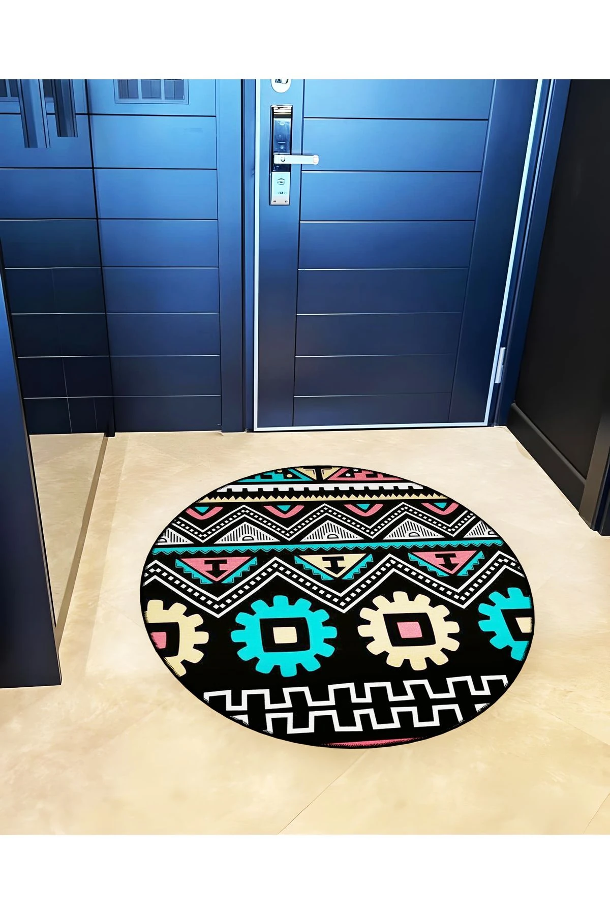 Mira Yuvarlak Siyah Çok Renkli Şekiller Dokuma Taban Modern Dekoratif Halı 5655