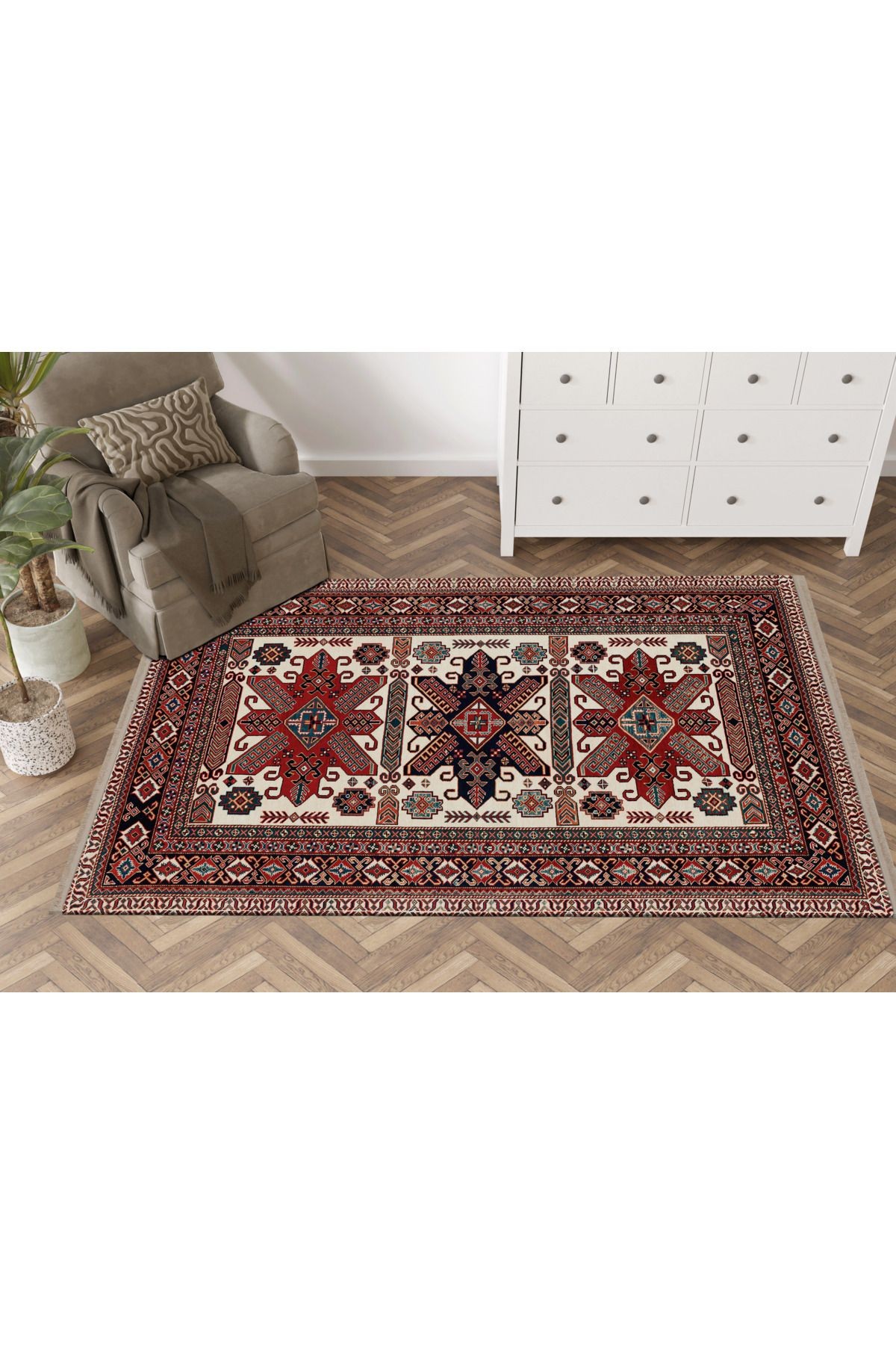Bordo Temalı Geleneksel Motif Etnik Desenli Vintage Dekoratif Halı 1642
