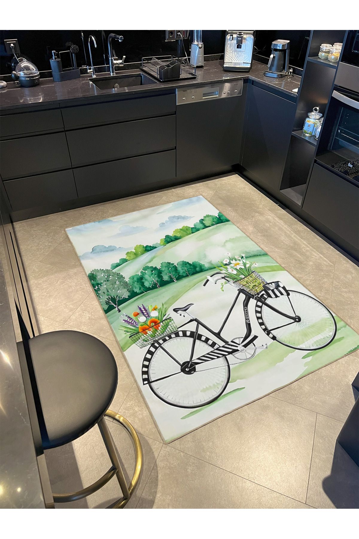 Paris Koleksiyonu Dağ Manzarası Temalı Bisiklet ve Ağaçlar Desenli Modern Dekoratif Halı 95