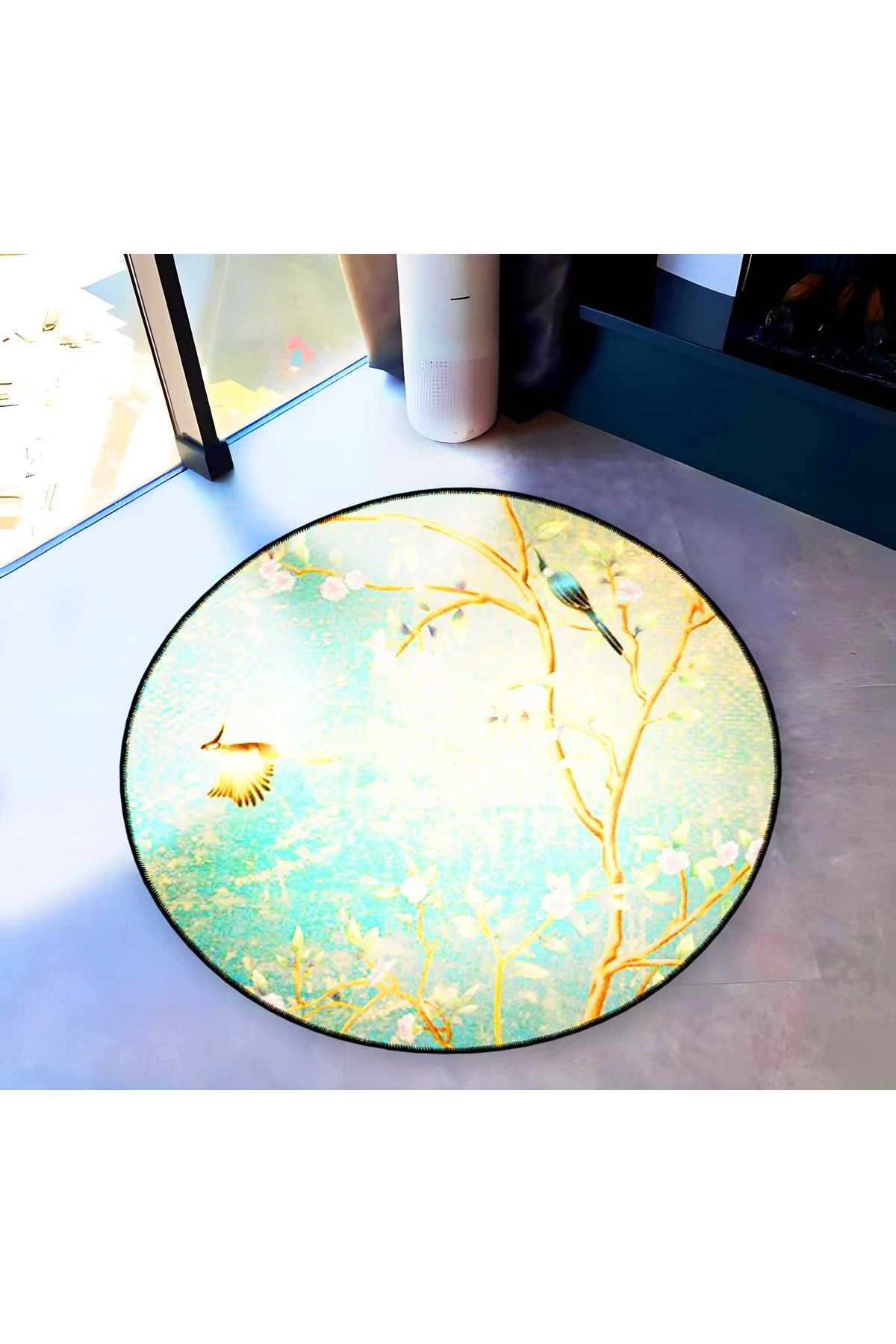 Mira Yuvarlak Mavi Tonlarda Dal ve Kuş Detaylı Dokuma Taban Modern Dekoratif Halı 5718