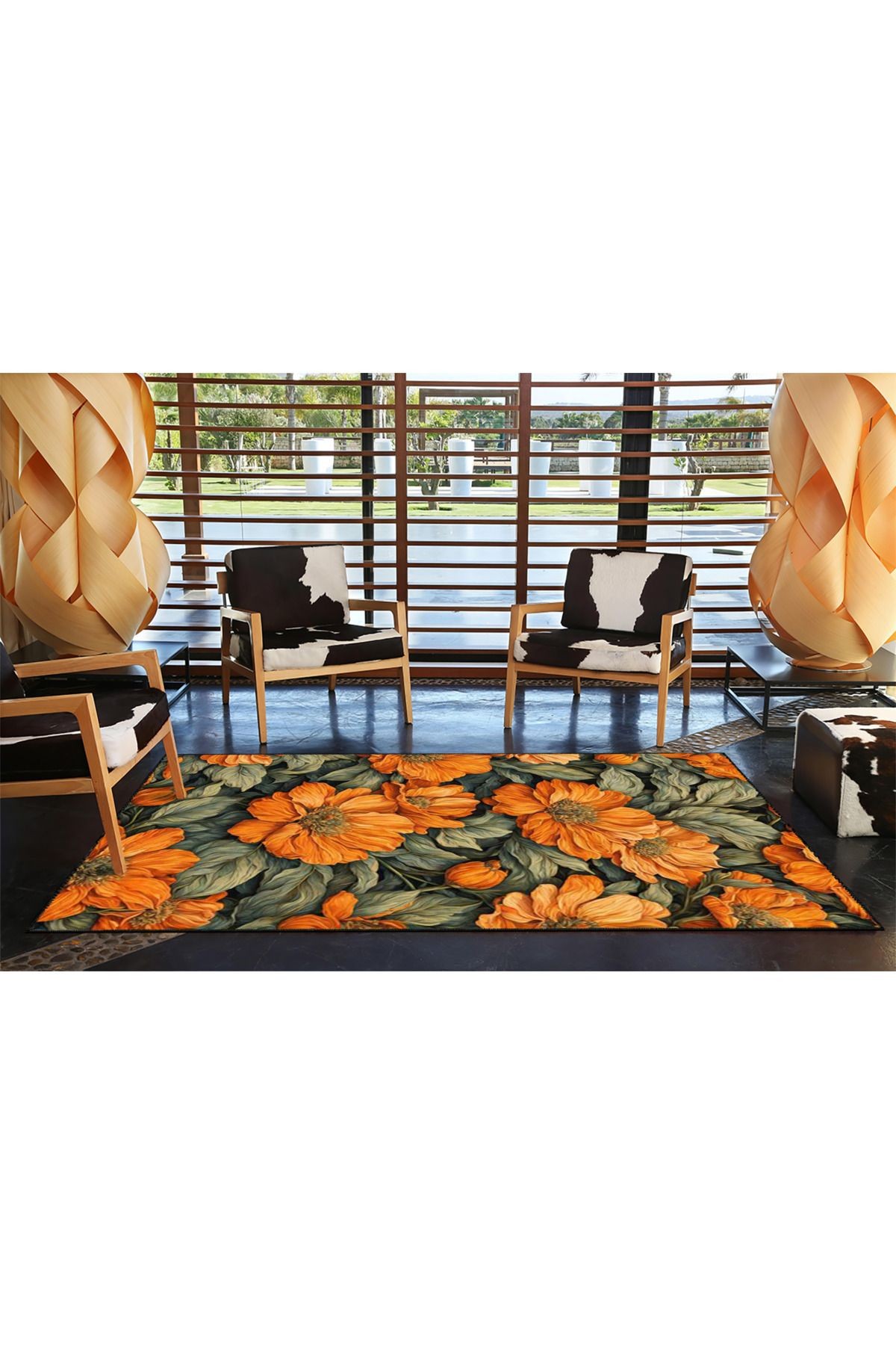 Floral Turuncu Desenli Yıkanabilir Halı miravip8218