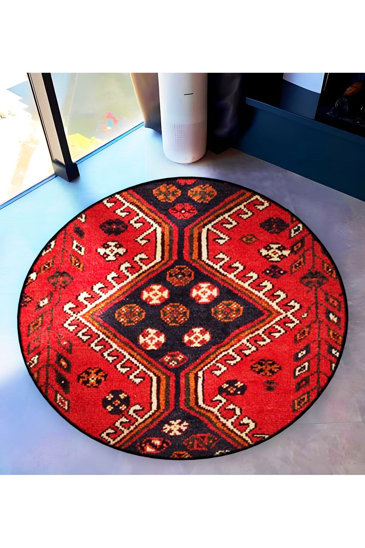 Siyah Kırmızı Temalı Geleneksel Motif Desenli Yuvarlak Dokuma Taban Vintage Dekoratif Halı 6222