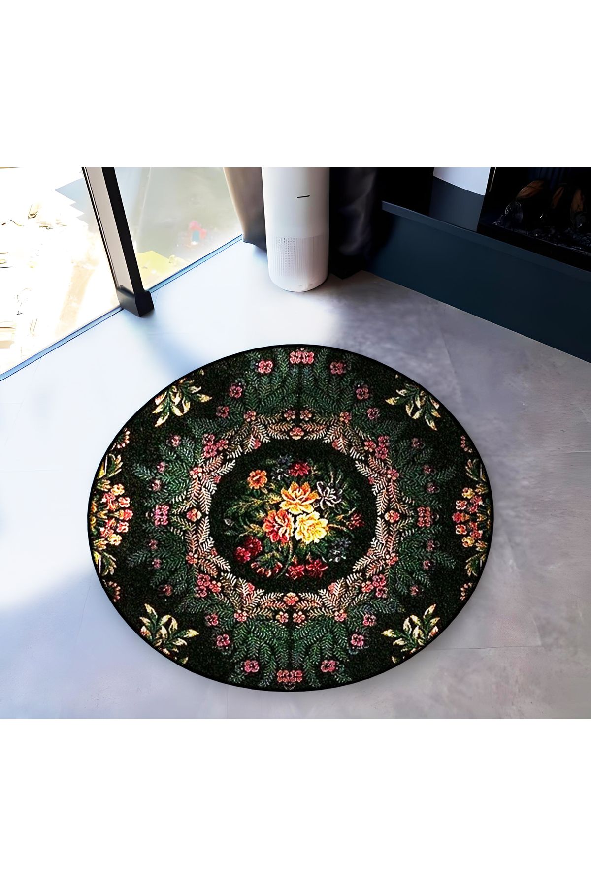 Koyu Yeşil ve Siyah Tema Çiçek ve Motif Desenli Yuvarlak Dokuma Taban Vintage Dekoratif Halı 6198