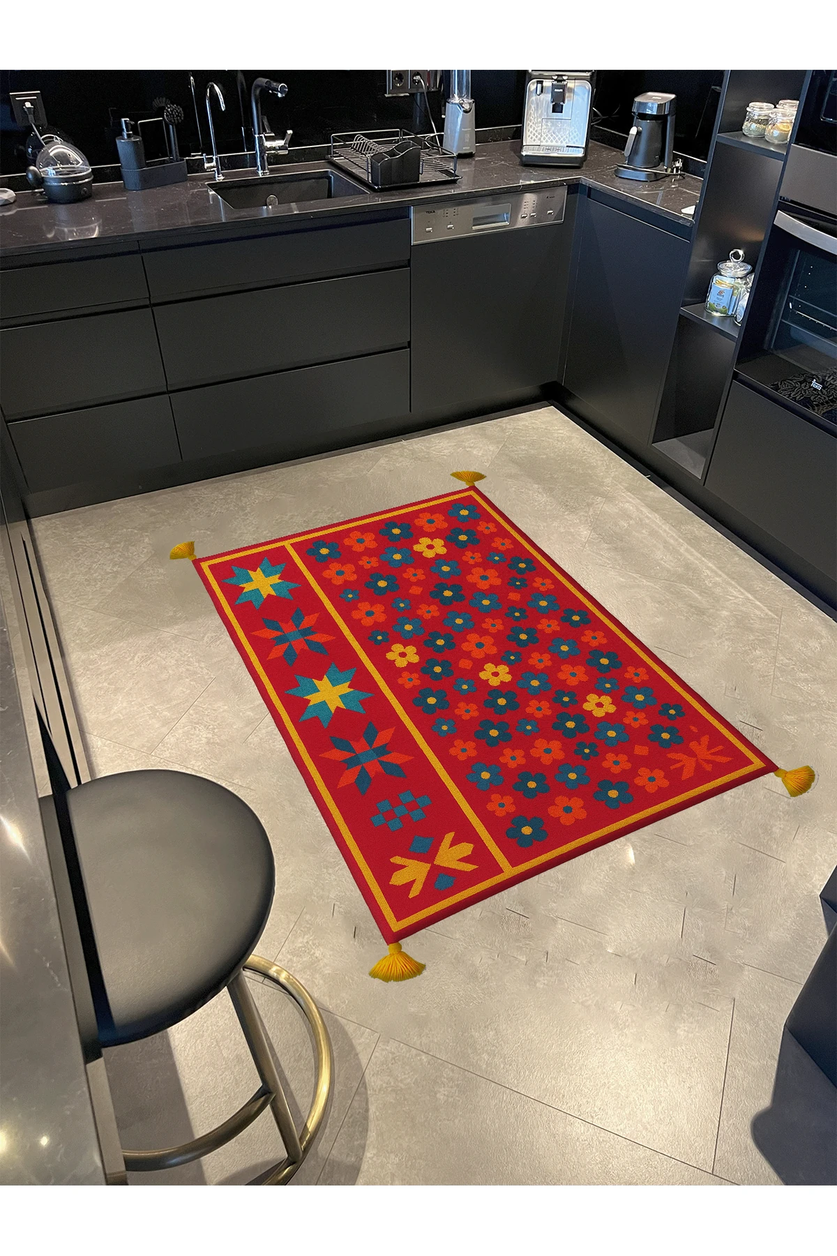 MOSSO Çiçekli Çok Renkli Desen Püsküllü Modern Dekoratif Halı mosso473