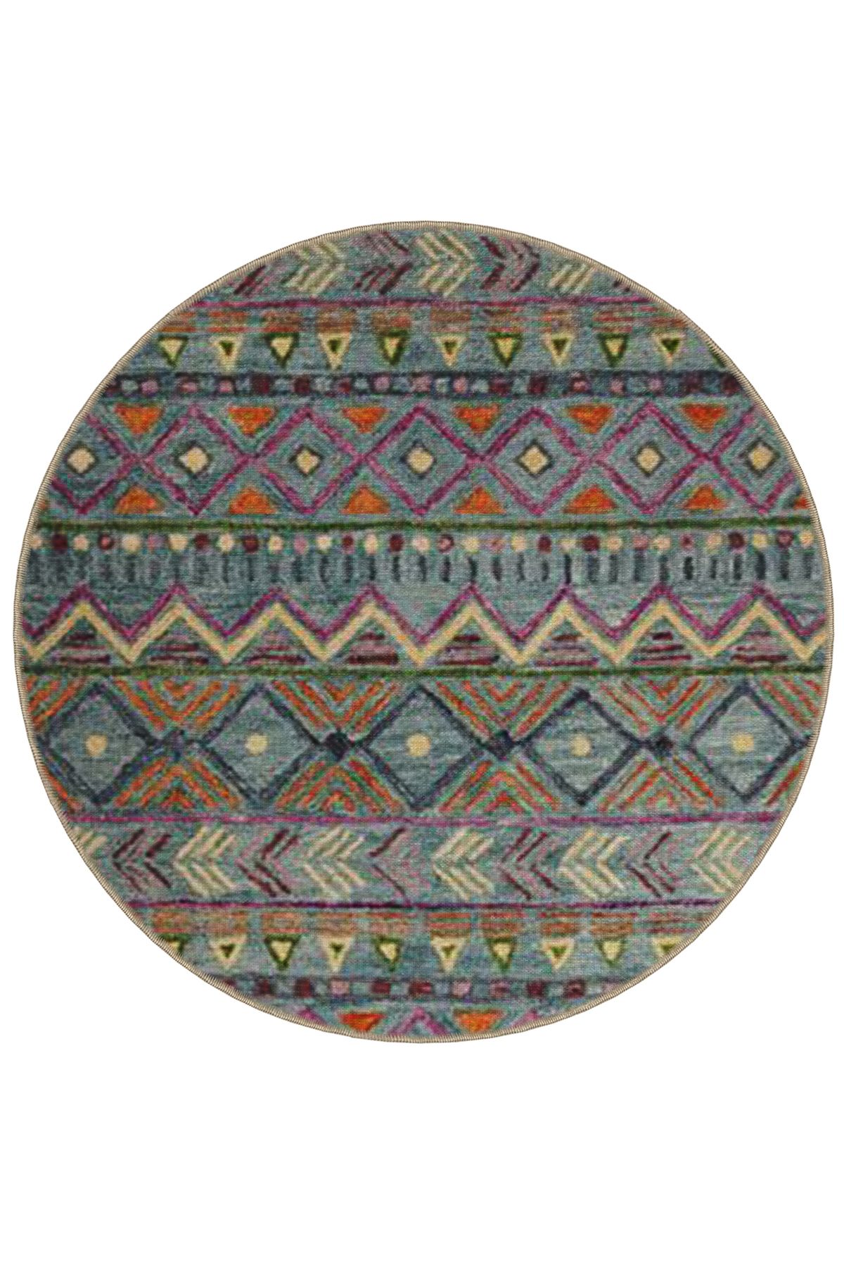 Çok Renkli Karma Etnik Motif Desenli Yuvarlak Dokuma Taban Modern Dekoratif Halı 6057