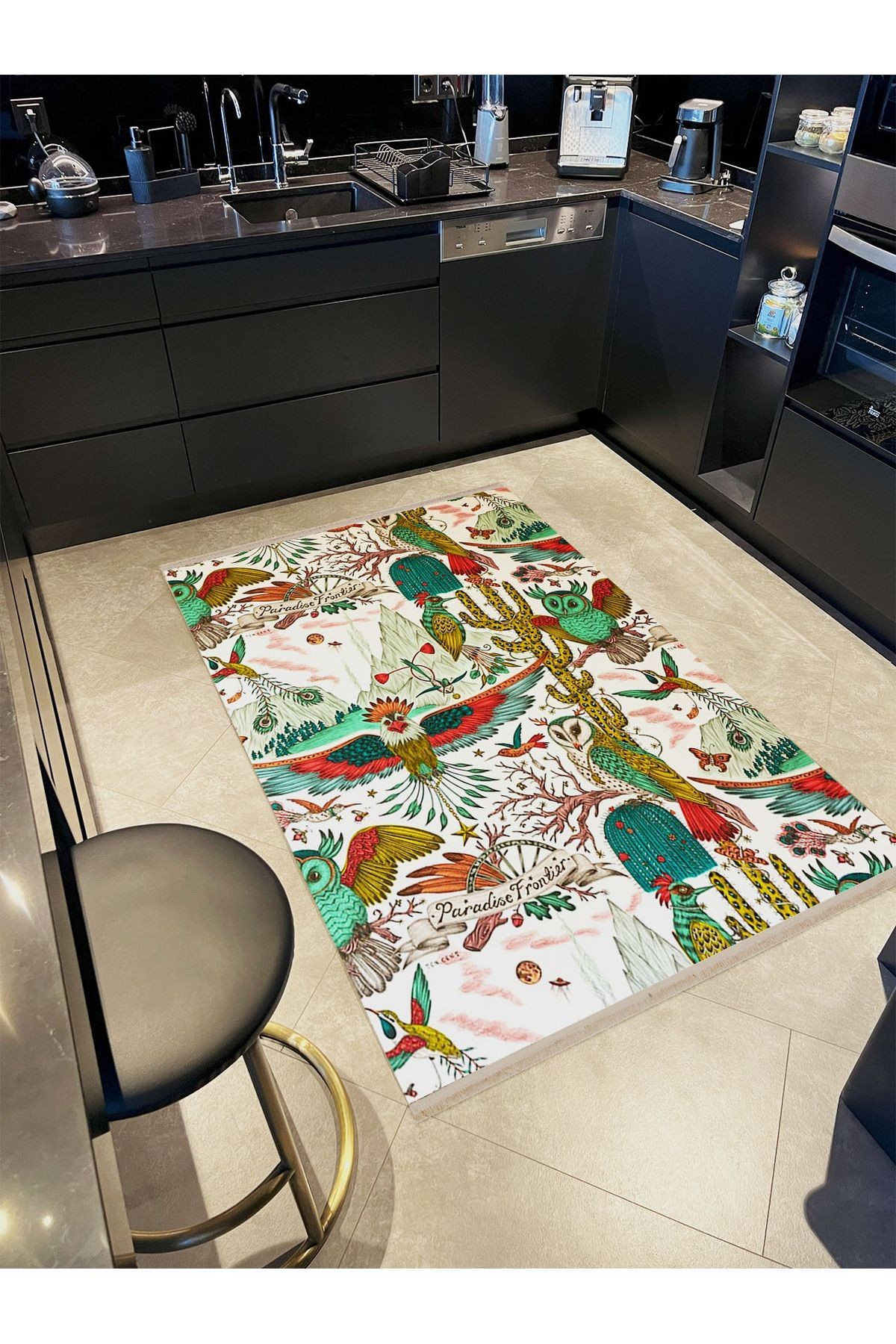 Atlas Koleksiyonu Çok Renkli Baykuş ve Çiçek Figürleri Desenli Kreatif Modern Dekoratif Halı 34