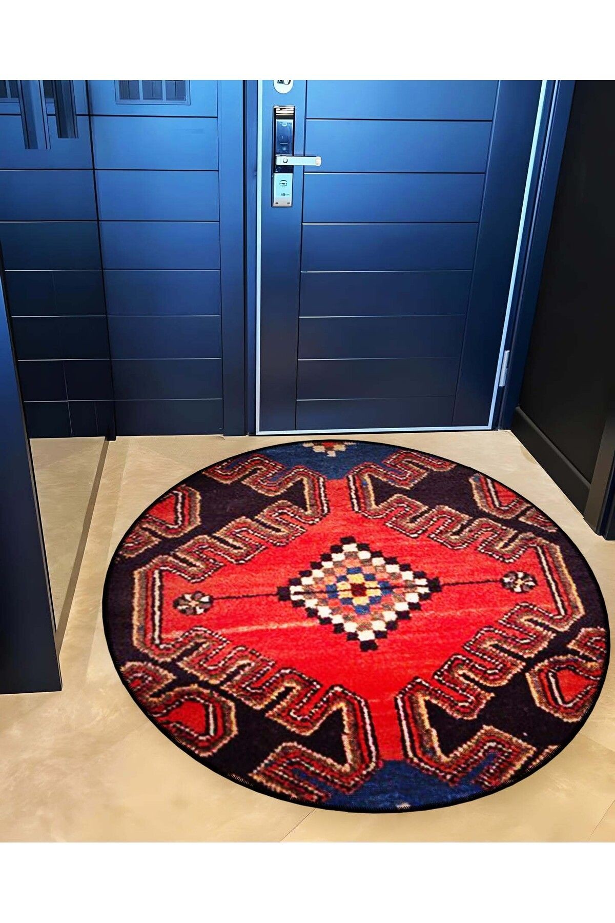 Lacivert Kırmızı Temalı Geleneksel Motif Desenli Yuvarlak Dokuma Taban Vintage Dekoratif Halı 6231