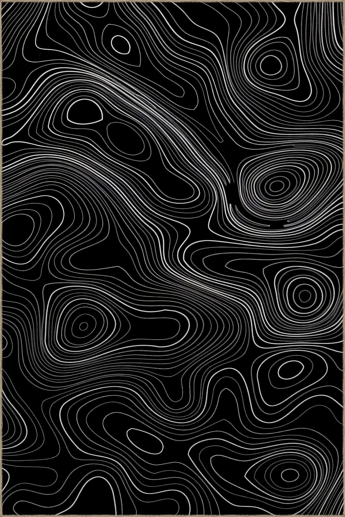 Siyah Temalı Sürrealist Soyut Dalgalı Spiral Desenli Modern Dekoratif Halı 2371