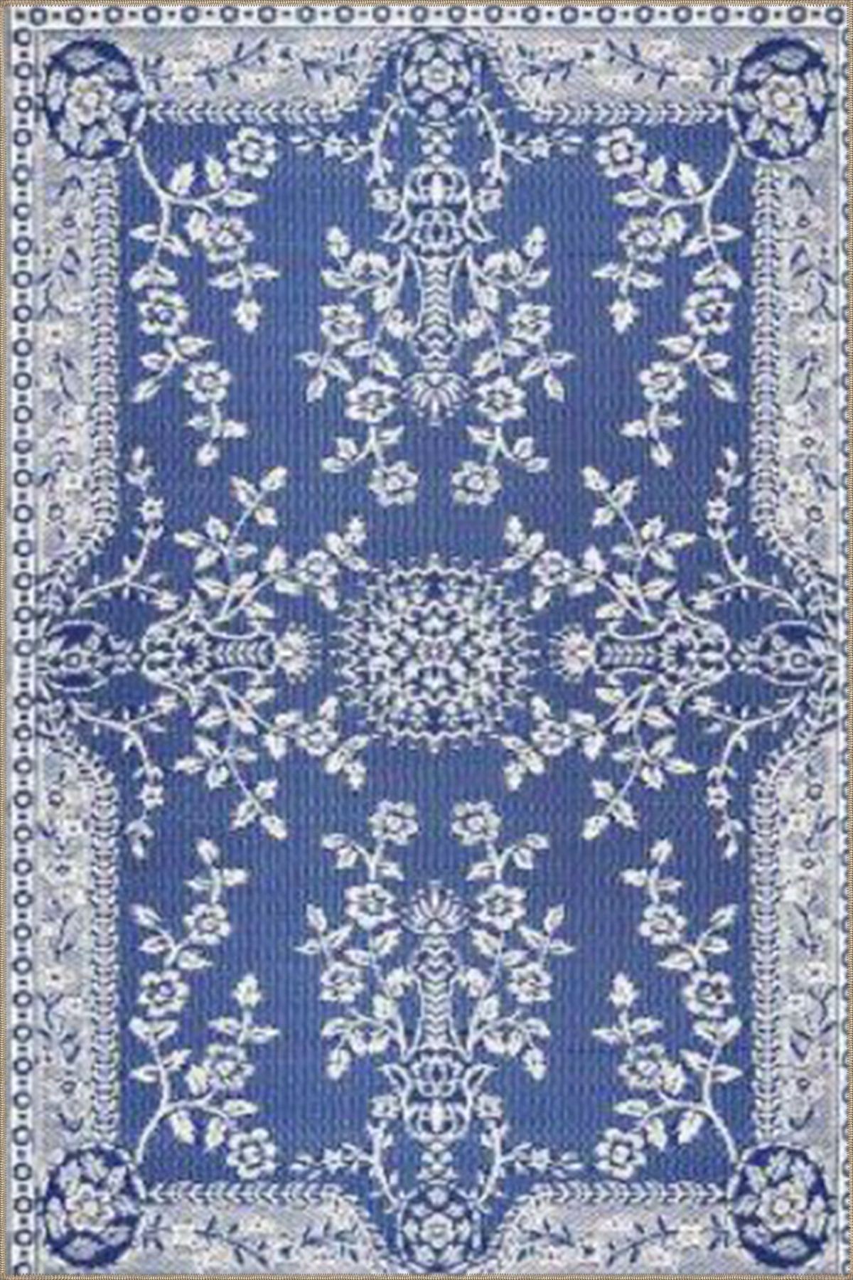 Flower Mavi Temalı Desenli Dokuma Taban Halı ve Yıkanabilir Halı aloha188