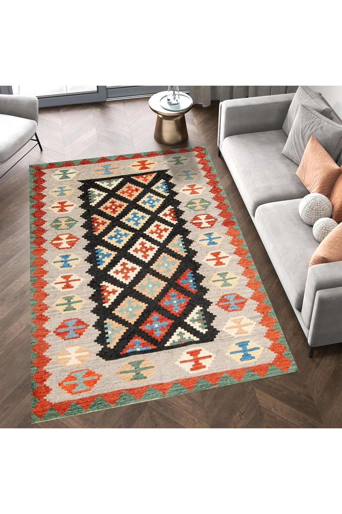 Aysu Koleksiyonu Siyah Detaylı Çok Renkli Etnik Desenli Dokuma Taban Modern Dekoratif Halı aysu30
