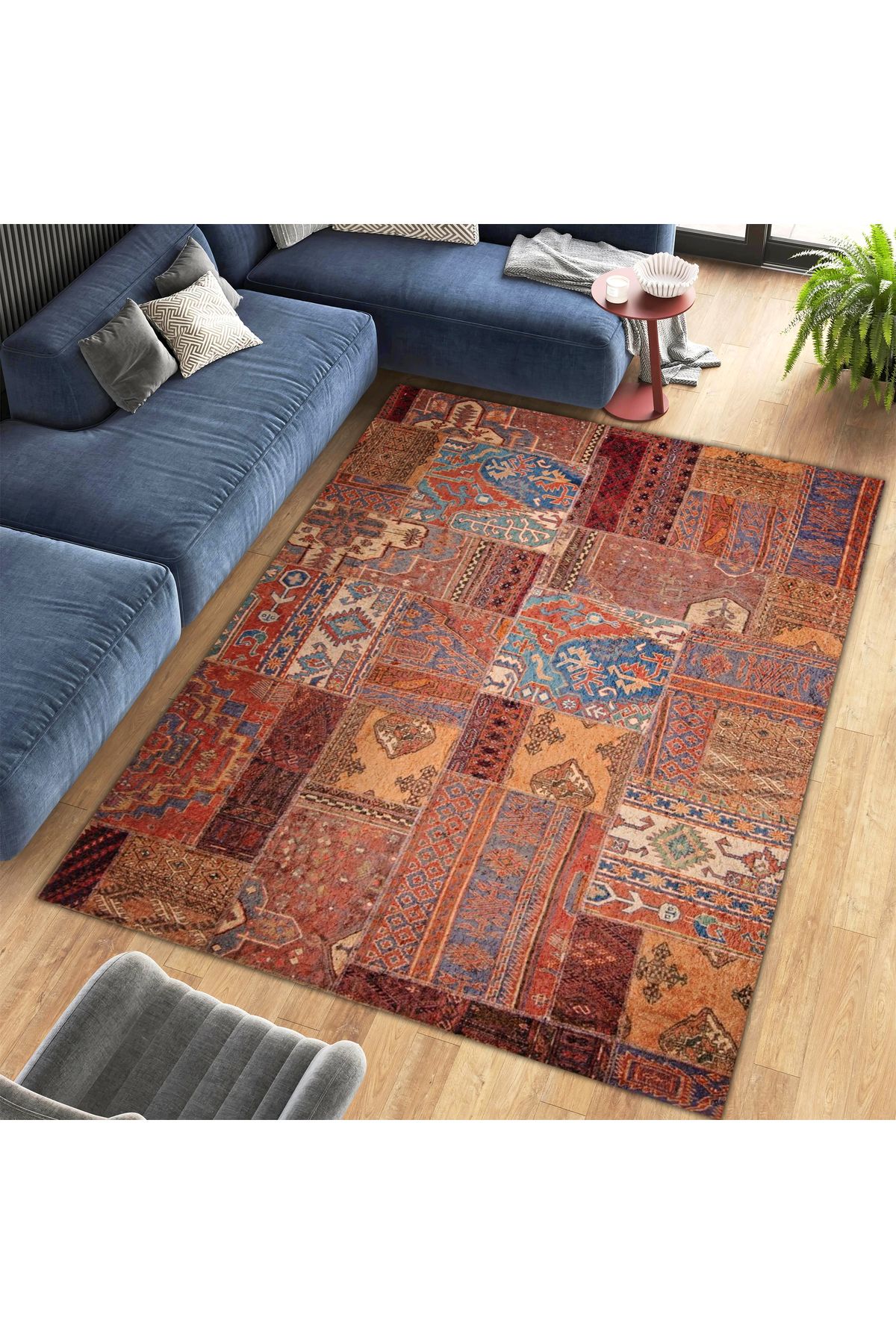 Cansu Koleksiyonu Patchwork Görünümlü Kahverengi Tonlarda Dokuma Taban Modern Dekoratif Halı cansu05