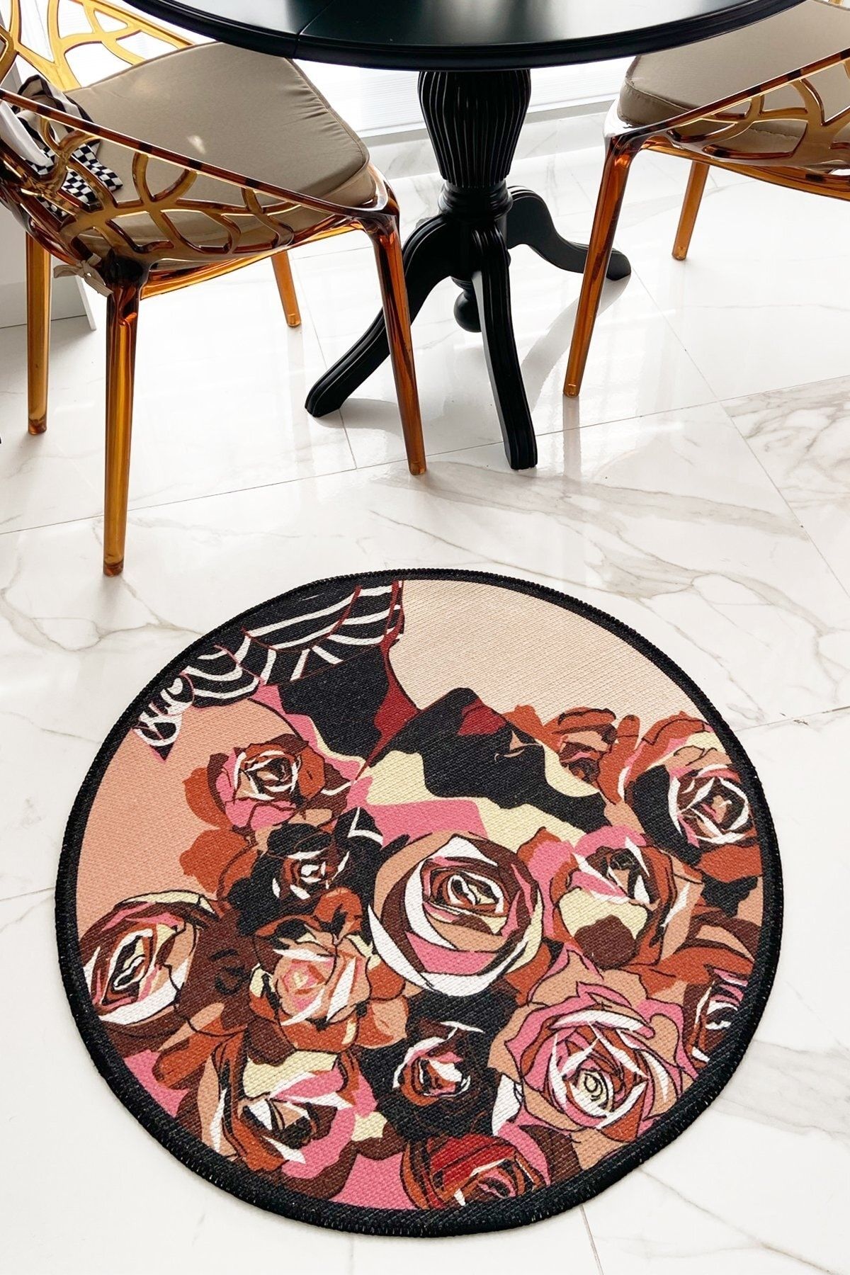 Mira 854 Rose Gül Baskılı Yuvarlak Halı